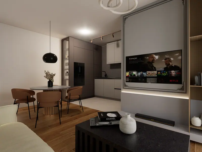 Dnevni boravak penthousea s blagovaonicom i kuhinjom