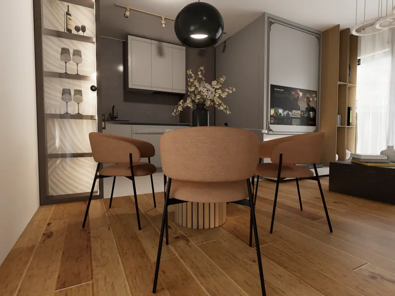 Blagovaonica penthousea s okruglim stolom, kuhinja u pozadini