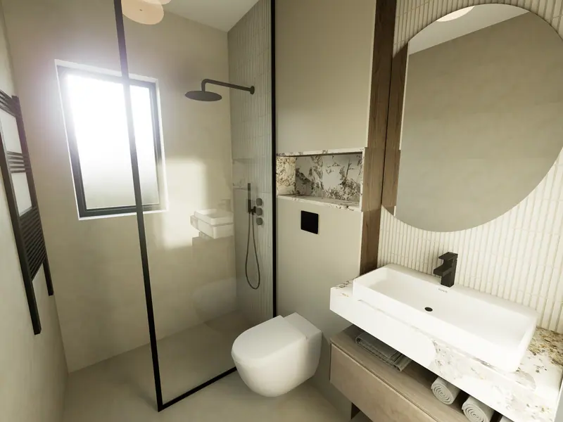 Kupaonica penthousea s tušem i kamenom oblogom